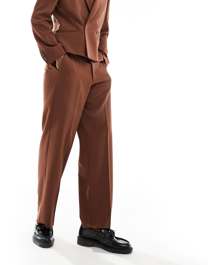 Asos Design Wide Leg Suit Pants In Slubby Texture In Brown
