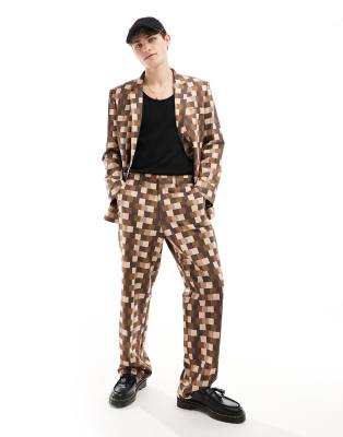 Asos Design Wide Suit Pants In Pixelated Green Print