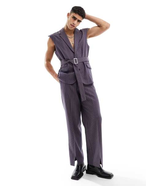ASOS DESIGN wide suit pants in purple stripe - view 1