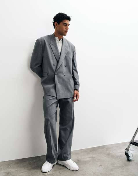 ASOS DESIGN wide suit pants with elastic waist in herringbone charcoal striped print - view 1