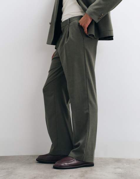 ASOS DESIGN wide suit pants with wool in green herringbone - view 1