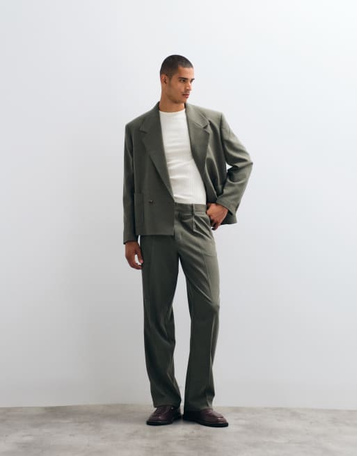 ASOS DESIGN wide suit pants with wool in green herringbone, 2 of 5