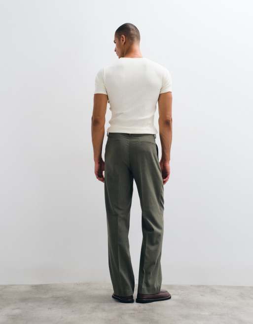 ASOS DESIGN wide suit pants with wool in green herringbone, 4 of 5