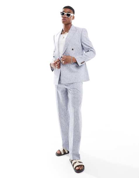 ASOS DESIGN wide suit trouser in blue linen stripe - view 1