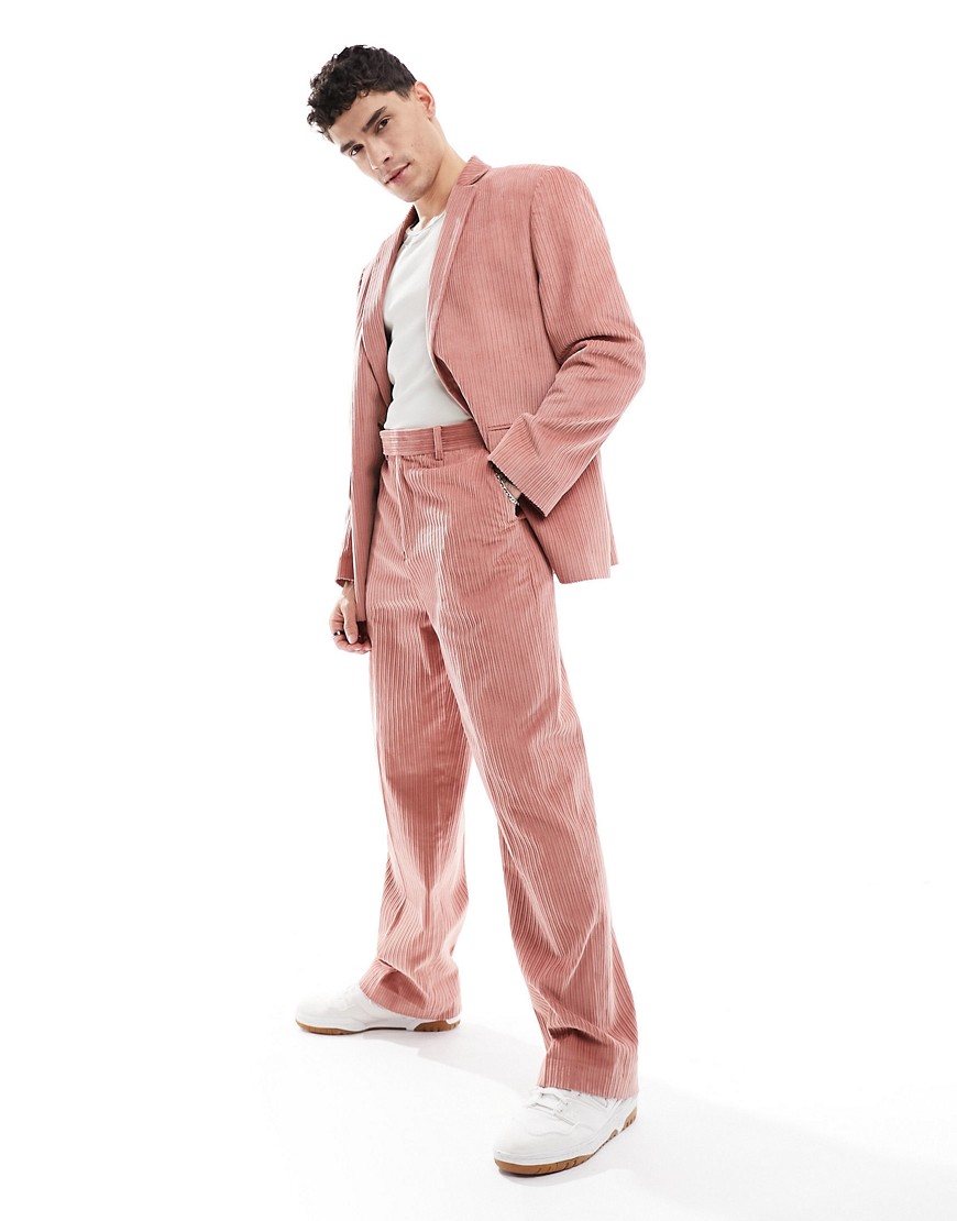 ASOS DESIGN wide suit trouser in coral pink cord-Orange