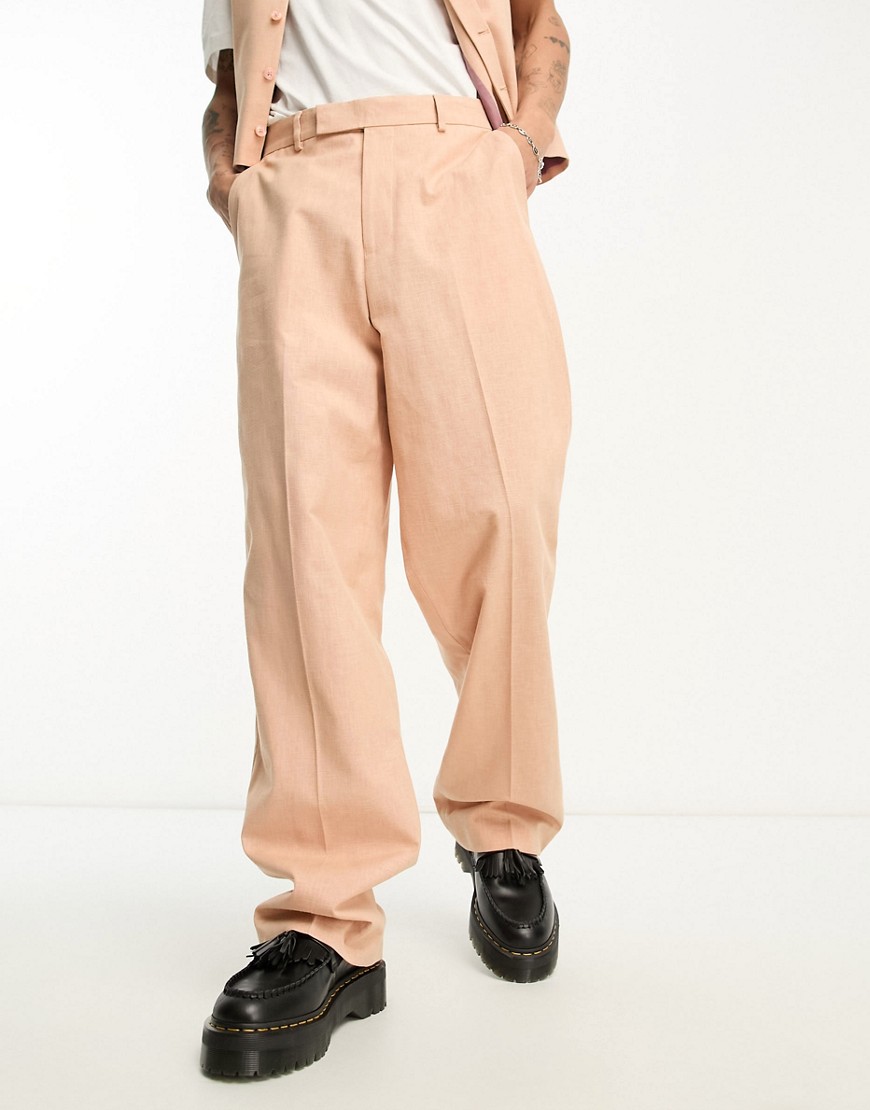 ASOS DESIGN wide suit trouser in slubby linen in pink