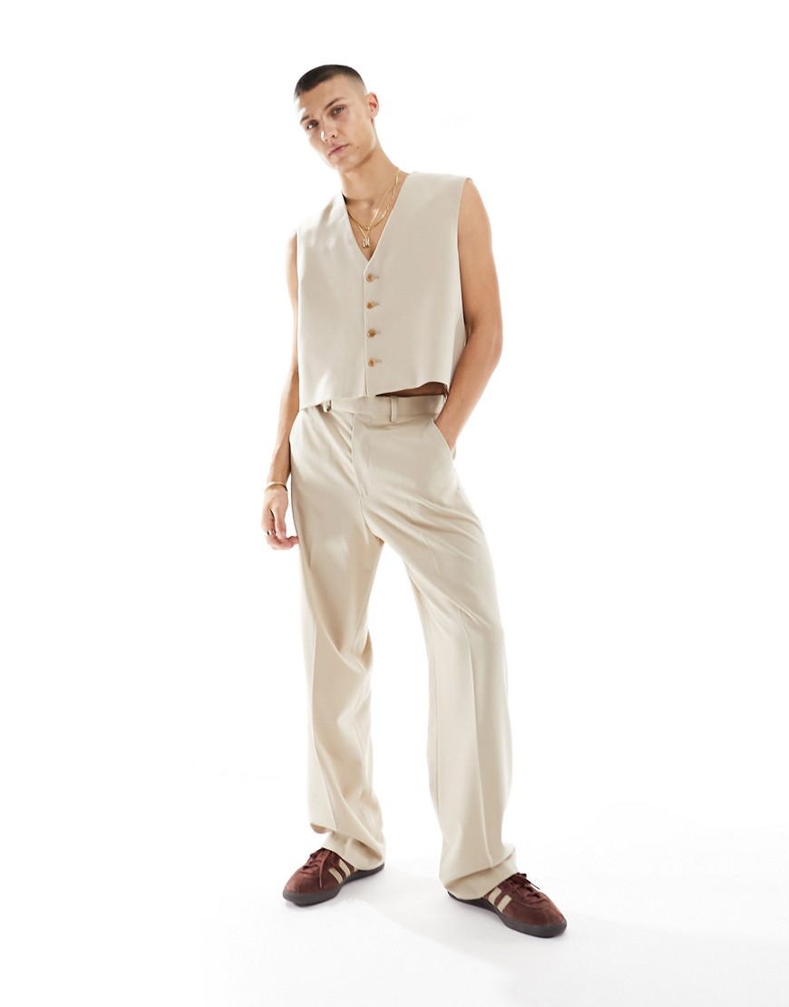 ASOS DESIGN wide suit trouser in stone-Neutral