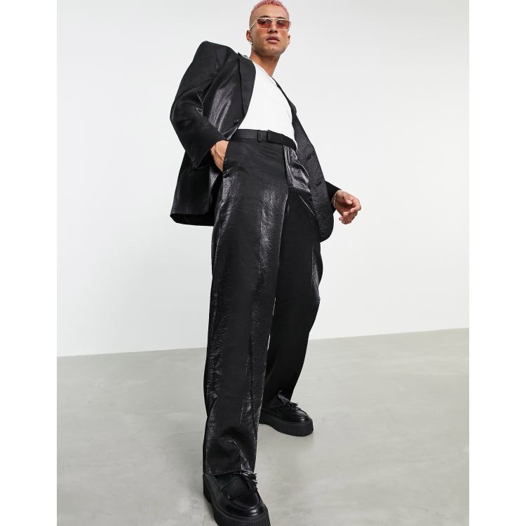 ASOS DESIGN wide suit trousers in black high shine fabric ASOS