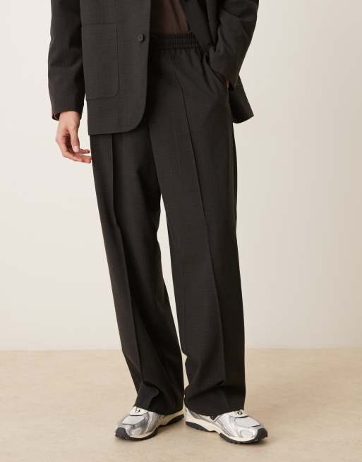 ASOS DESIGN wide suit trousers with elasticated waist in black micro check, 2 of 5