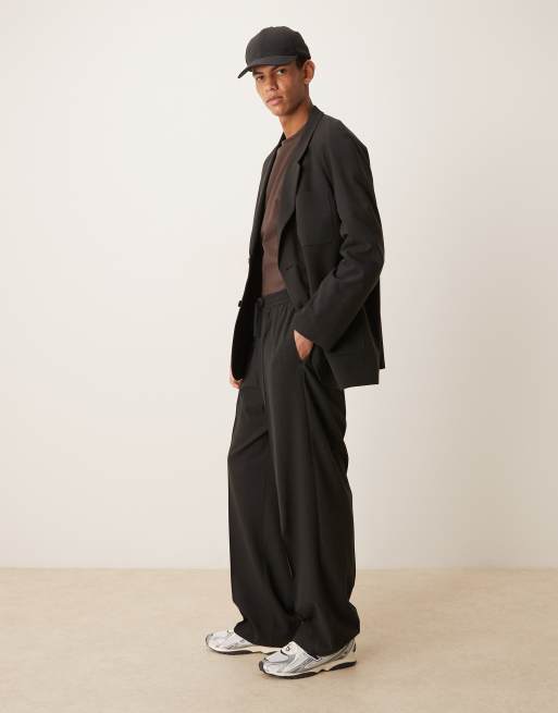 ASOS DESIGN wide suit trousers with elasticated waist in black micro check, 3 of 5