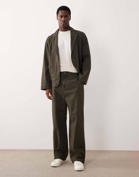 ASOS DESIGN wide suit trousers with quarter elasticated waist in washed dark green - view 2