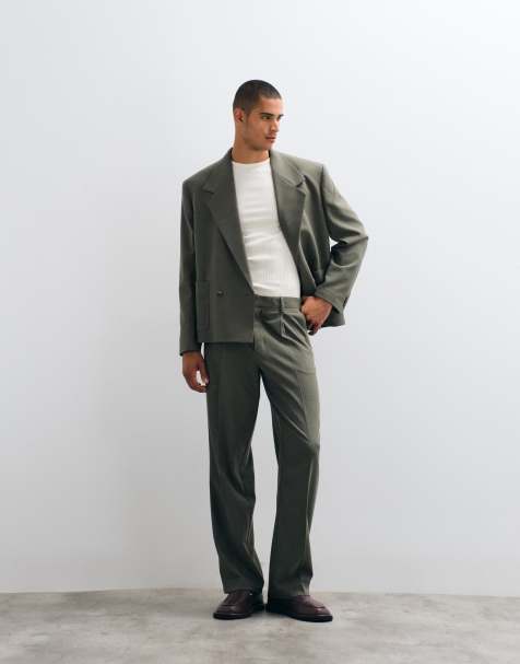 ASOS DESIGN wide suit with wool in green herringbone - view 1