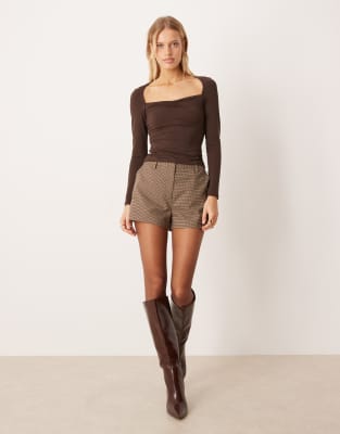 Asos Design Wide Sweetheart Neckline Long Sleeve Top In Brown