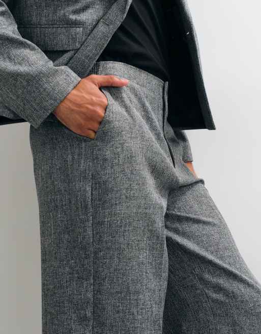 ASOS DESIGN wide tapered suit pants in salt and pepper grey herringbone, 3 of 5