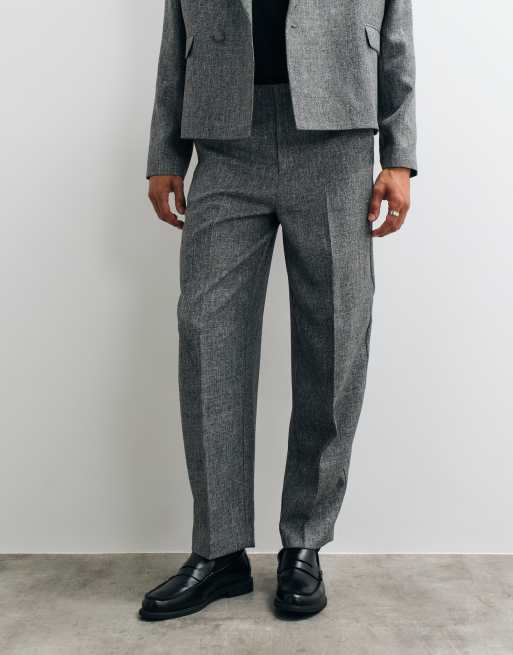 ASOS DESIGN wide tapered suit trousers in salt and pepper grey herringbone, 2 of 5