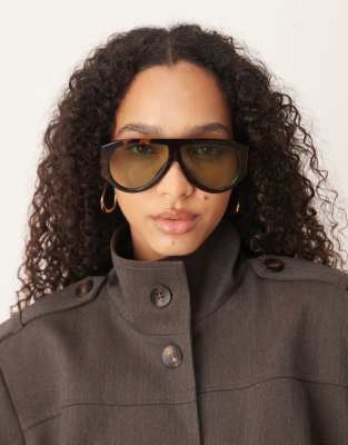Asos Design Wide Temple Aviator Sunglasses In Brown