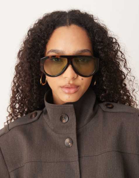 ASOS DESIGN wide temple aviator sunglasses in tort with green lenses