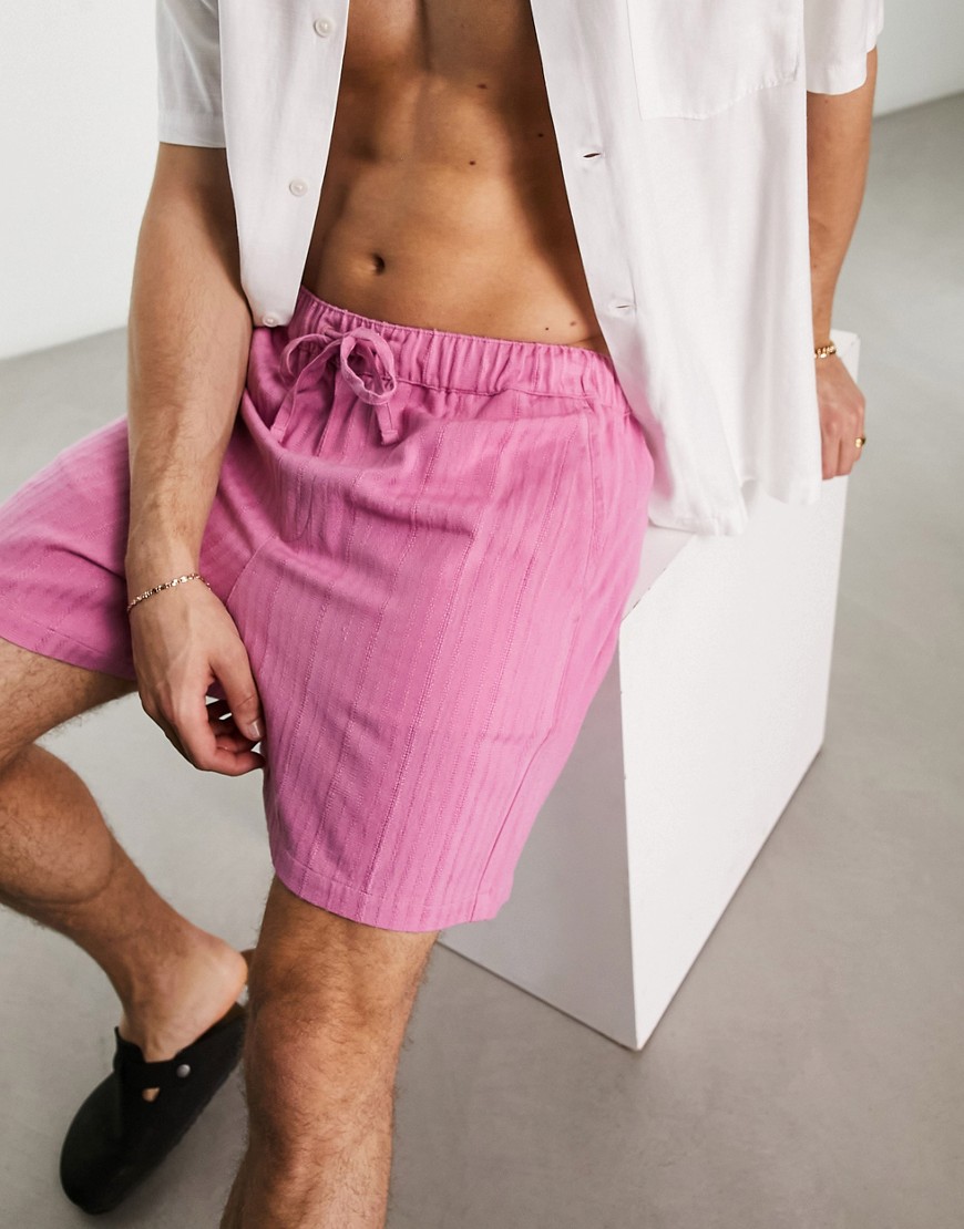Asos Design Wide Textured Shorts In Shorter Length In Pink