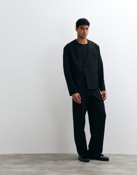 ASOS DESIGN wide tuxedo suit pants with side tape detail in black - view 1