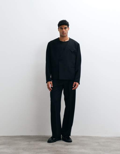 ASOS DESIGN wide tuxedo suit trouser with side tape detail in black, 3 of 5