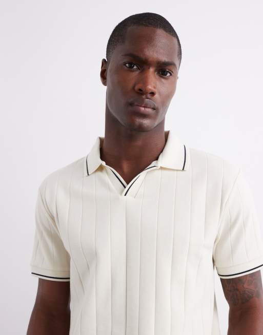 ASOS DESIGN wide v neck polo T-shirt in cream rib, 5 of 5