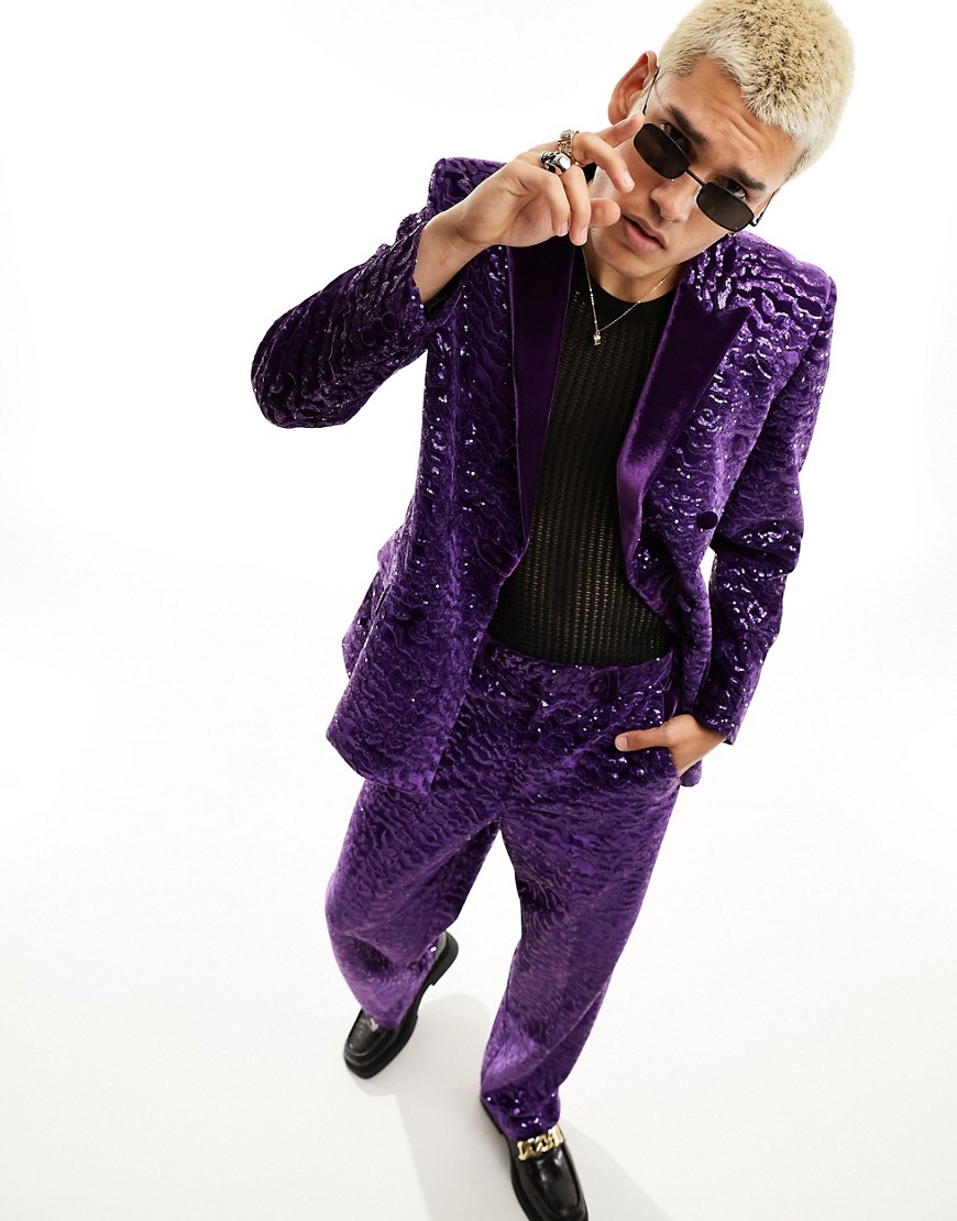Asos Design Wide Velvet Sequin Suit Pants In Purple