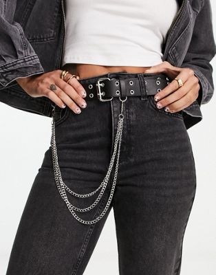 ASOS DESIGN wide waist and hip eyelet belt with chain detail in black - ASOS Price Checker