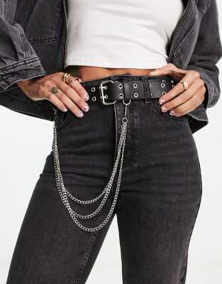 ASOS DESIGN wide waist and hip eyelet belt with chain detail in black - ASOS Price Checker