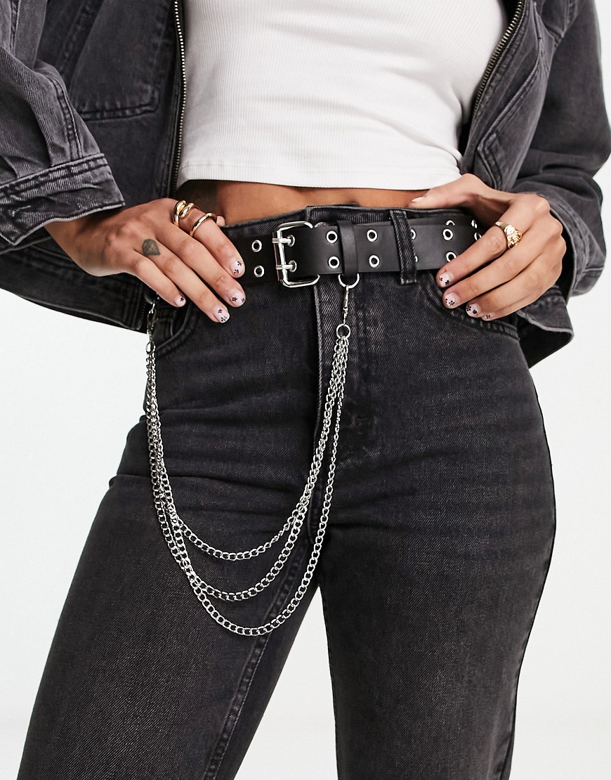ASOS DESIGN wide waist and hip eyelet belt with chain detail in black