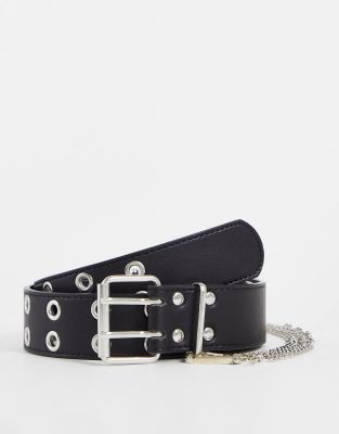 ASOS DESIGN wide waist and hip eyelet jeans belt with chain detail in black | ASOS