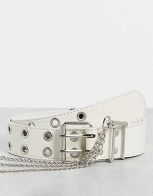 ASOS DESIGN wide waist and hip eyelet jeans belt with chain detail in white