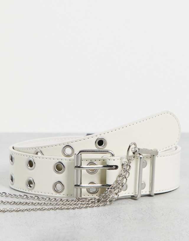 ASOS DESIGN wide waist and hip eyelet jeans belt with chain detail in white