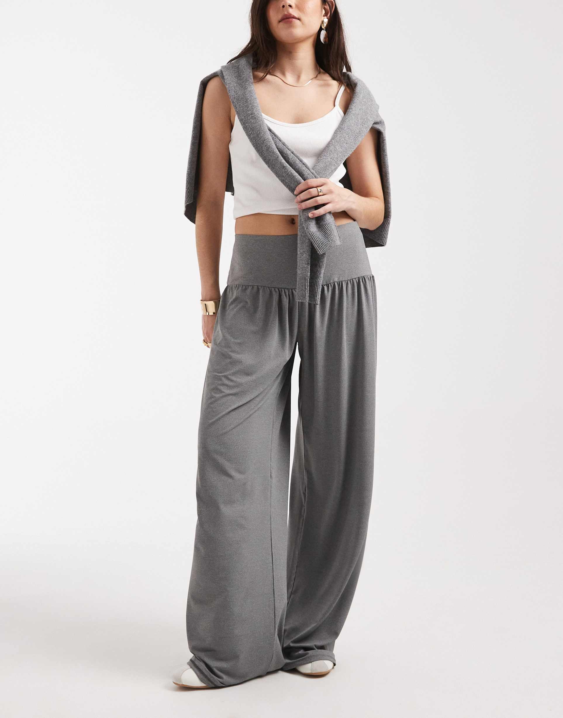 asos design wide waistband slouchy pants with button detail in gray heather - part of a set