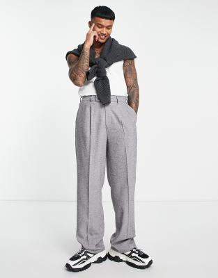 Asos Design Wide Leg Smart Pants With A White Contrast Waistband In Gray In Brown