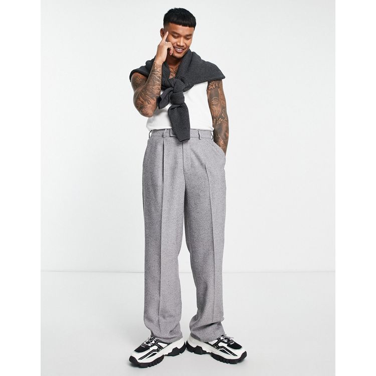 ASOS High Waist Wool Mix Smart Pants With Wide Leg in Grey for Men