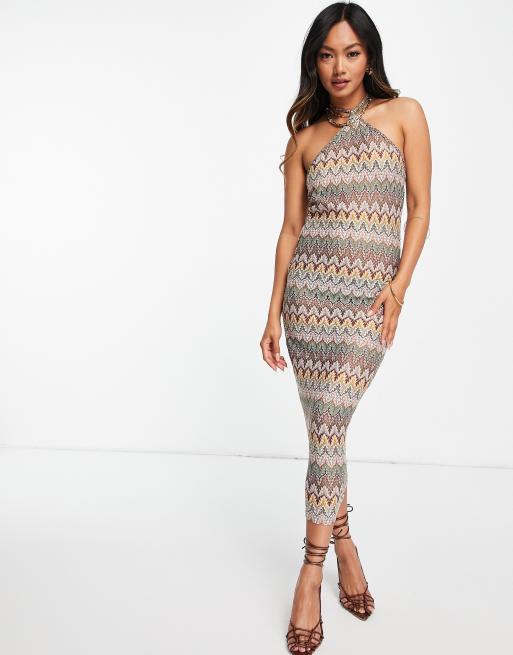 ASOS DESIGN – Wielokolorowa obcisła sukienka szydełkowana midi z dekoltem typu halter w stylu lat 70.
