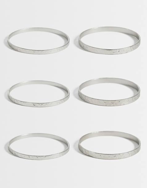 ASOS DESIGN wielopak cienkich bransoletek w młotkowanym srebrnym odcieniu - view 1