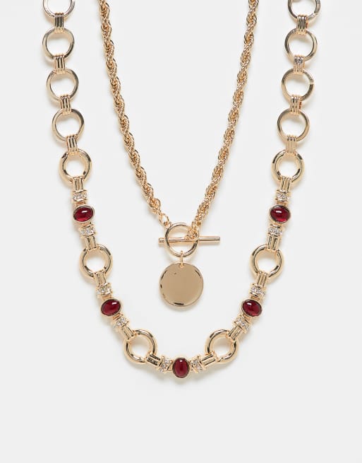 ASOS DESIGN – Wielopak naszyjników z grubych łańcuszków w kolorze złota z bordowymi kamieniami