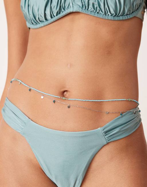 ASOS DESIGN – Wielorzędowy łańcuszek na brzuch w srebrnym kolorze z koralikami