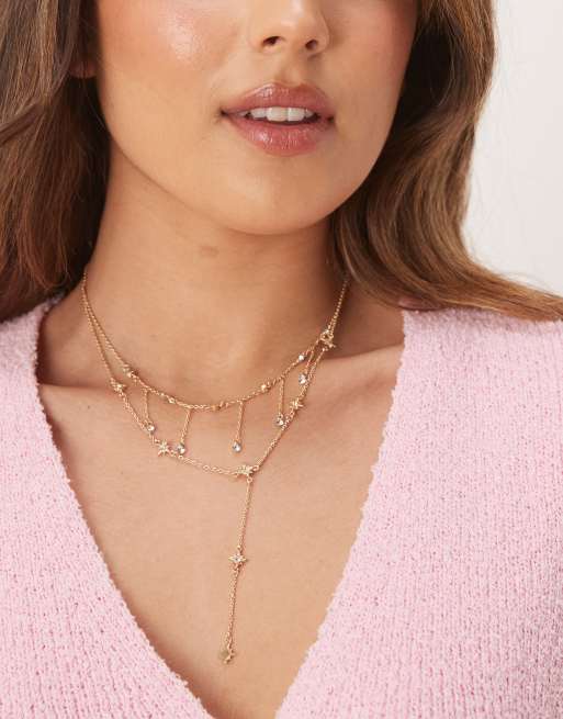 ASOS DESIGN – Wielorzędowy naszyjnik lariat w odcieniu złota z astronomicznymi motywami