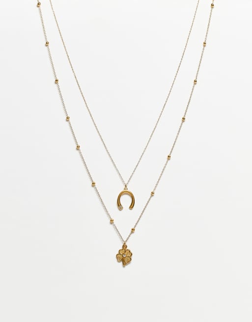 ASOS DESIGN – Wielorzędowy naszyjnik z zawieszką w kształcie podkowy z wodoodpornej stali nierdzewnej w kolorze złota