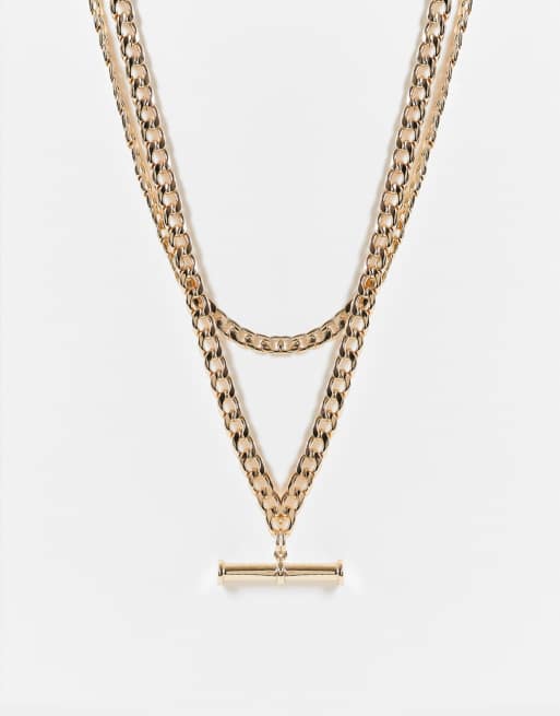 ASOS DESIGN – Wielowarstwowy naszyjnik z zawieszką typu T-bar w złotym kolorze