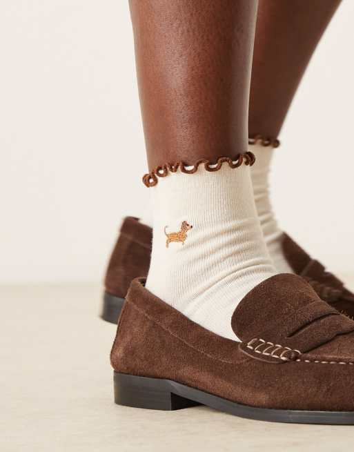 ASOS DESIGN wiener dog embroidered socks with frill tops in cream, 2 of 3