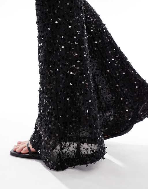ASOS DESIGN wiggle allover sequin sheer mesh flare trouser in black, 2 of 5