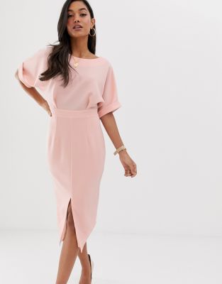 blush pink midi dress with sleeves