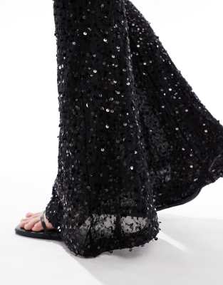 Asos Design Wiggle Sequin Sheer Mesh Flare Pants In Black