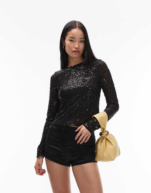 ASOS DESIGN wiggle sequin sheer mesh long sleeve top in black, 2 of 4
