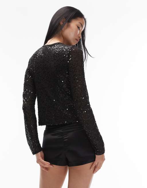 ASOS DESIGN wiggle sequin sheer mesh long sleeve top in black, 4 of 4