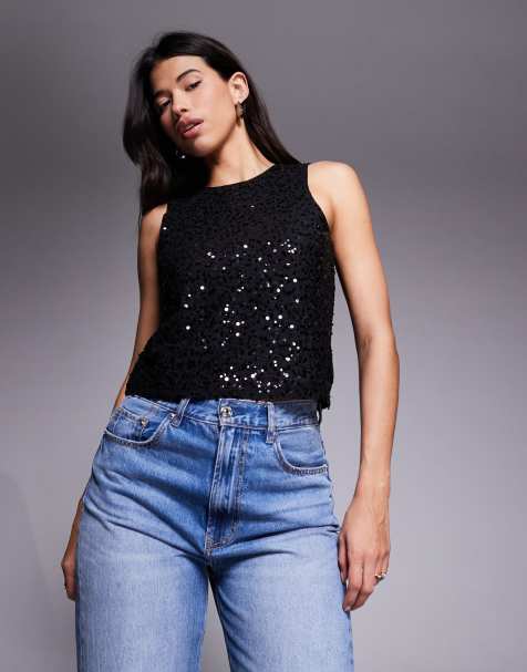 ASOS DESIGN wiggle sequin sheer mesh tank top in black - view 1