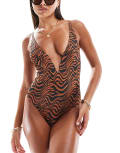 [ASOS DESIGN] ASOS DESIGN wiggle wire swimsuit in brown zebra-Multi 8 Brown Zebra